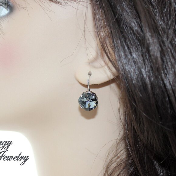 Graphite Earrings Made with 12mm Cushion Cut Genuine Austrian Crystals - Picture 5 of 7